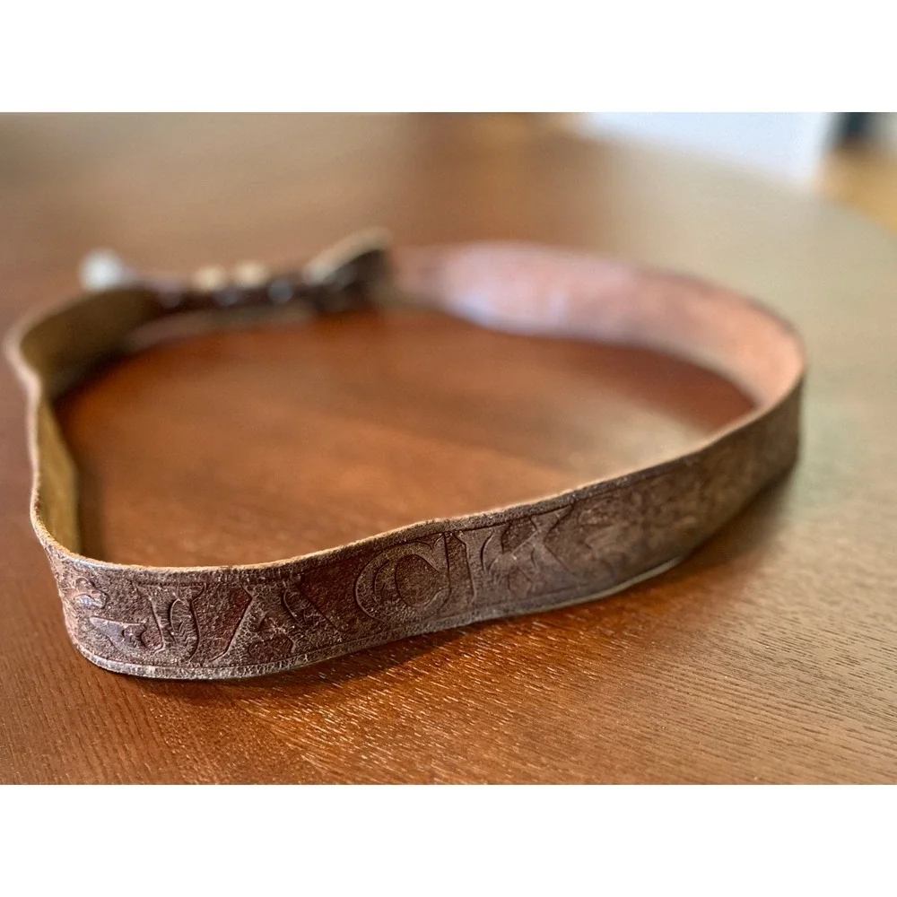 Vintage Tooled Leather Cowboy Belt JACK Personalized Floral Buckle Set 47